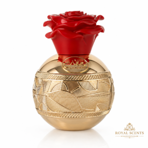 Lattafa Lahdath 80ml eau de parfum bottle in rose-pink glass with a gold cap, UK stock at Royal Scents
