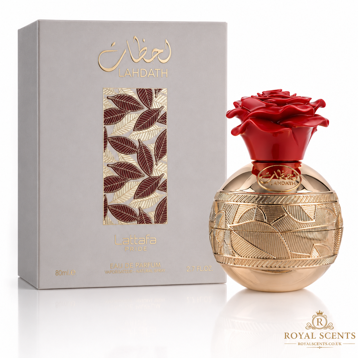 Lattafa Lahdath 80ml eau de parfum bottle and box, UK stock at Royal Scents