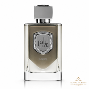 Lattafa Liam Grey 100ml eau de parfum bottle, fig, black tea and vetiver, a woody fragrance