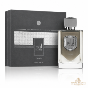 Lattafa Liam Grey 100ml eau de parfum bottle, fig, black tea and vetiver, a woody fragrance
