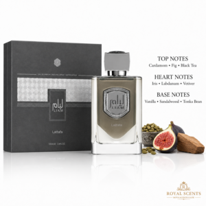 Lattafa Liam Grey 100ml eau de parfum note pyramid: fig, black tea and vetiver, a woody fragrance