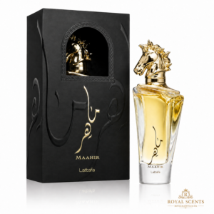 Lattafa Maahir 100ml eau de parfum bottle, saffron, rose and oud