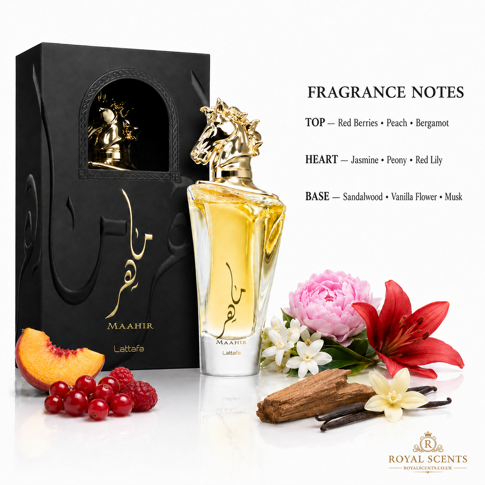 Lattafa Maahir 100ml eau de parfum note pyramid: saffron, rose and oud