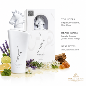 Lattafa Maahir Honor note pyramid: lemon, mint, thyme, lavender, rosemary, cedarwood, musk, amber