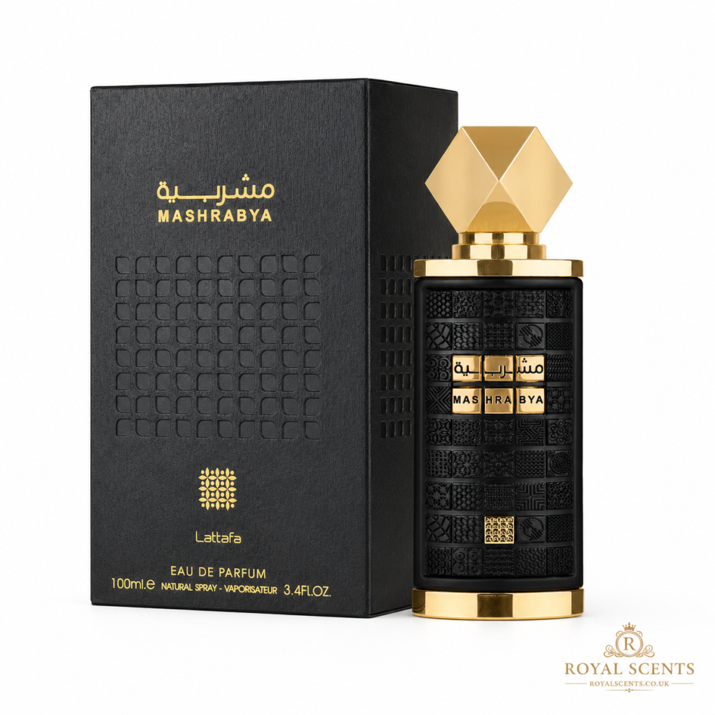 Lattafa Mashrabya 100ml EDP bottle and box, smoky apple shisha oriental at Royal Scents