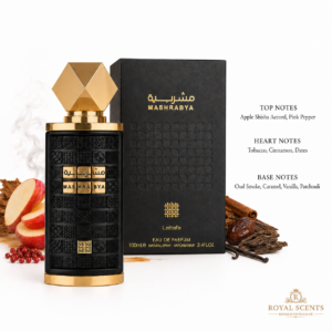 Lattafa Mashrabya note pyramid: apple shisha, pink pepper, tobacco, cinnamon, dates, oud smoke, caramel, vanilla