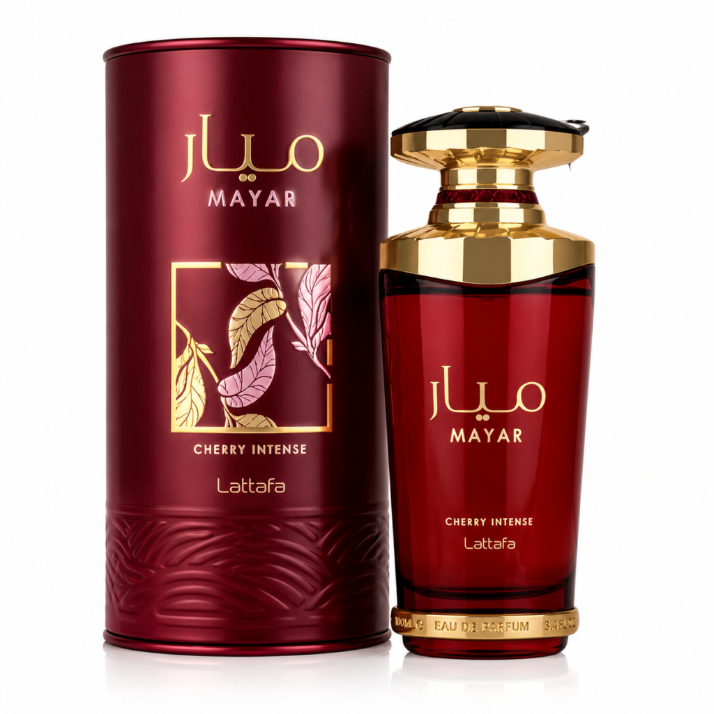 Lattafa Mayar Cherry Intense 100ml eau de parfum red bottle, a cherry and cacao gourmand