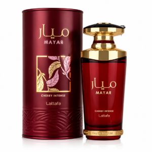 Lattafa Mayar Cherry Intense 100ml eau de parfum red bottle, a cherry and cacao gourmand