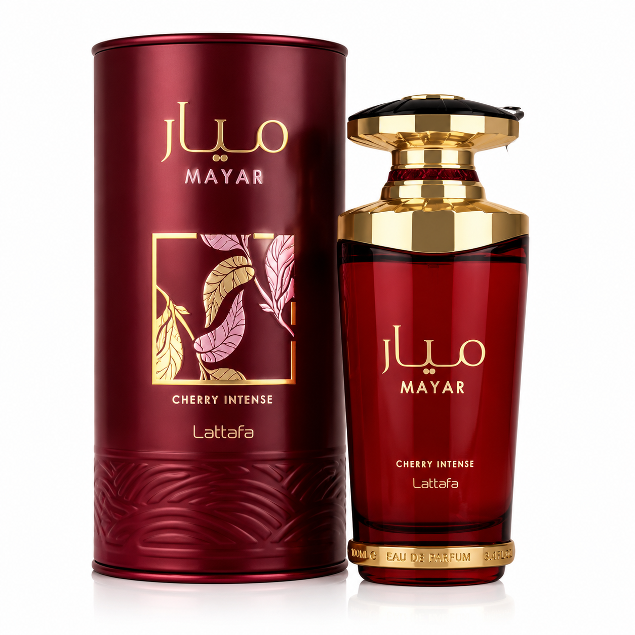 Lattafa Mayar Cherry Intense 100ml eau de parfum red bottle, a cherry and cacao gourmand