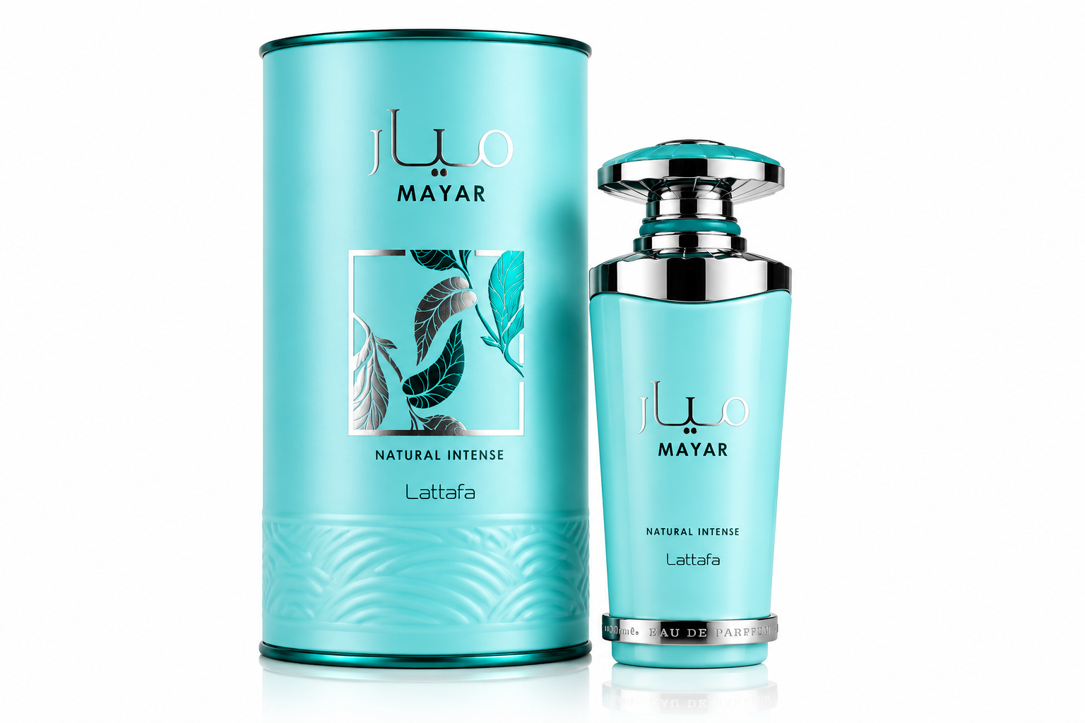 Lattafa Mayar Natural Intense 100ml eau de parfum turquoise bottle, a fresh aquatic women's fragrance