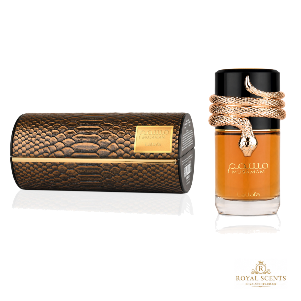 Lattafa Musamam 100ml eau de parfum bottle, saffron, cedar and incense, a woody fragrance