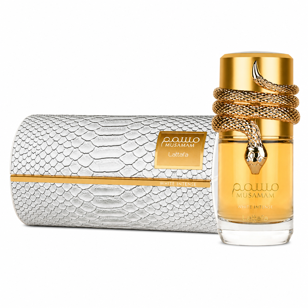 Lattafa Musamam White Intense 100ml eau de parfum bottle on a plain background