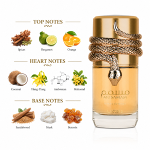 Fragrance note pyramid for Lattafa Musamam White Intense, showing its top, heart and base notes