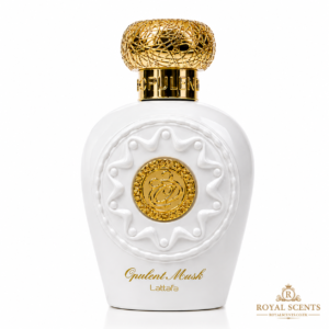 Lattafa Opulent Musk 100ml eau de parfum bottle, saffron, amber and musk