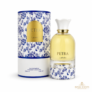 Lattafa Petra EDP 100ml bottle with blue and white floral design, a Xerjoff Quattro Pizzi inspired tuberose and coconut fragrance