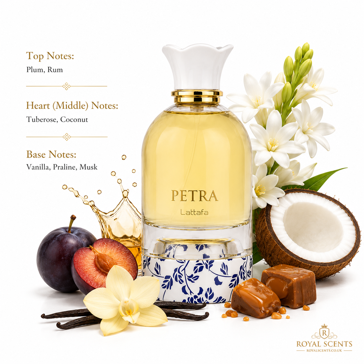 Lattafa Petra fragrance notes pyramid: rum and plum top notes, tuberose and coconut heart, vanilla, musk and praline base
