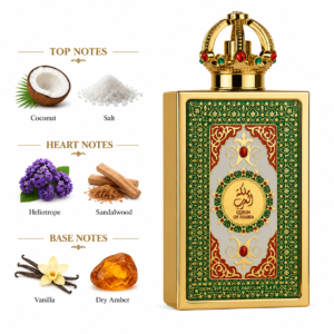 Fragrance note pyramid for Lattafa Queen of Arabia, showing its top, heart and base notes