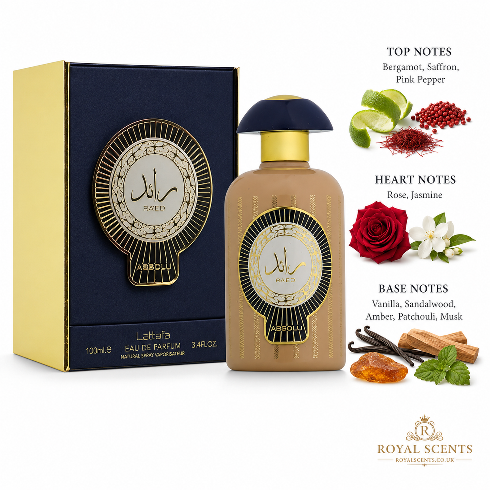 Lattafa Ra'ed Absolu 100ml eau de parfum note pyramid: saffron, rose and amber, a woody fragrance