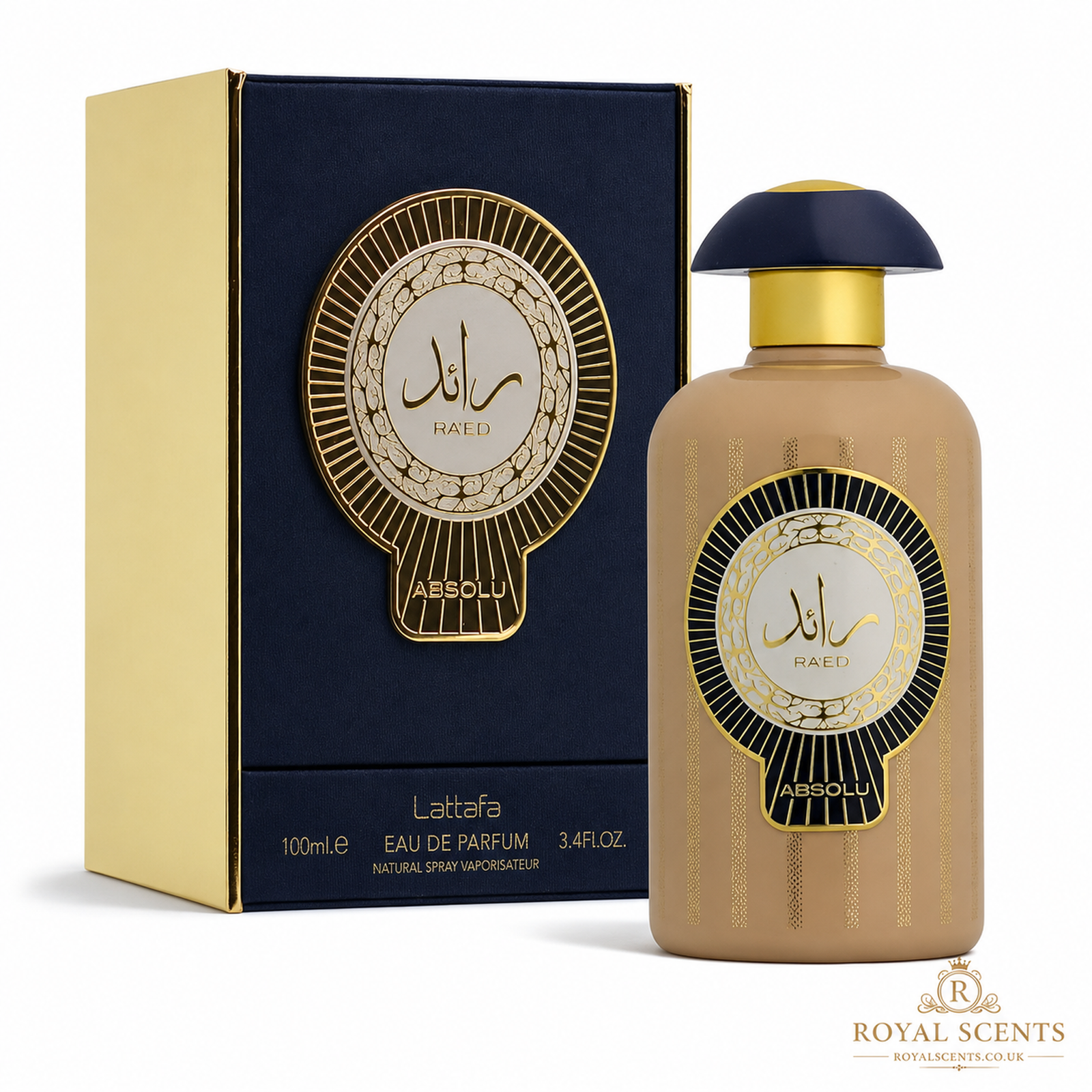 Lattafa Ra'ed Absolu 100ml eau de parfum bottle, saffron, rose and amber, a woody fragrance