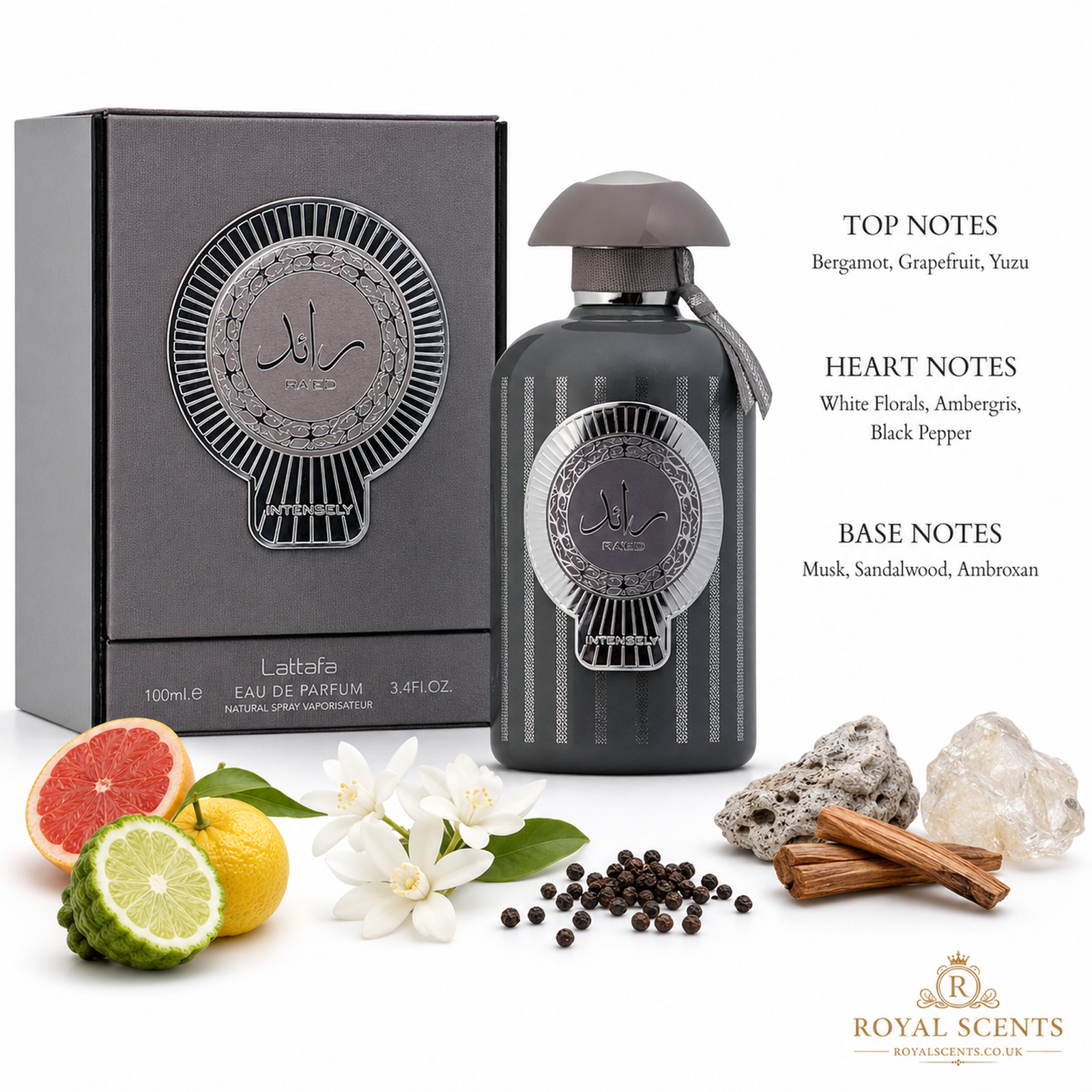 Lattafa Ra'ed Intensely 100ml eau de parfum note pyramid: bergamot, grapefruit and musk, a fresh fragrance