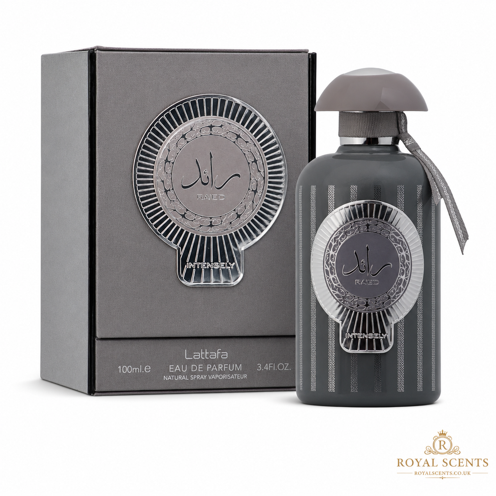 Lattafa Ra'ed Intensely 100ml eau de parfum bottle, bergamot, grapefruit and musk, a fresh fragrance
