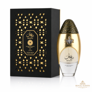 Lattafa Remas 100ml eau de parfum bottle, mango, jasmine and amber, a fruity woody fragrance