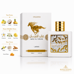 Qaed Al Fursan Unlimited fragrance notes: coconut, pineapple and citrus, frangipani and ylang-ylang, vanilla and musk