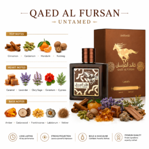 Fragrance note pyramid for Lattafa Qaed Al Fursan Untamed, showing its top, heart and base notes