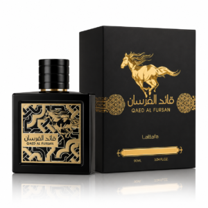 Lattafa Qaed Al Fursan eau de parfum bottle on a plain background