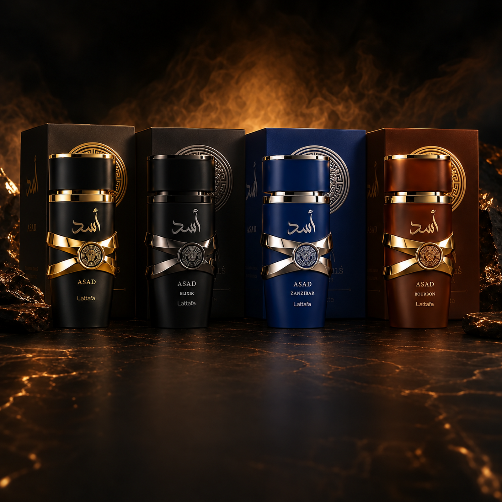 The four Lattafa Asad fragrances side by side: Asad, Asad Elixir, Asad Zanzibar and Asad Bourbon